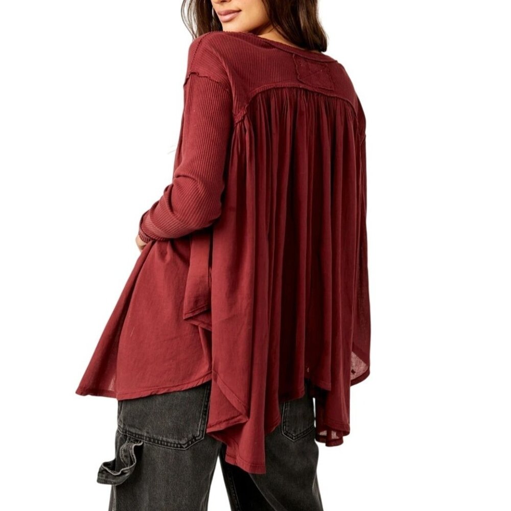 Free People We The Free Lyrical Flowy Tunic Top Ribbed Sleeves Burgundy Small